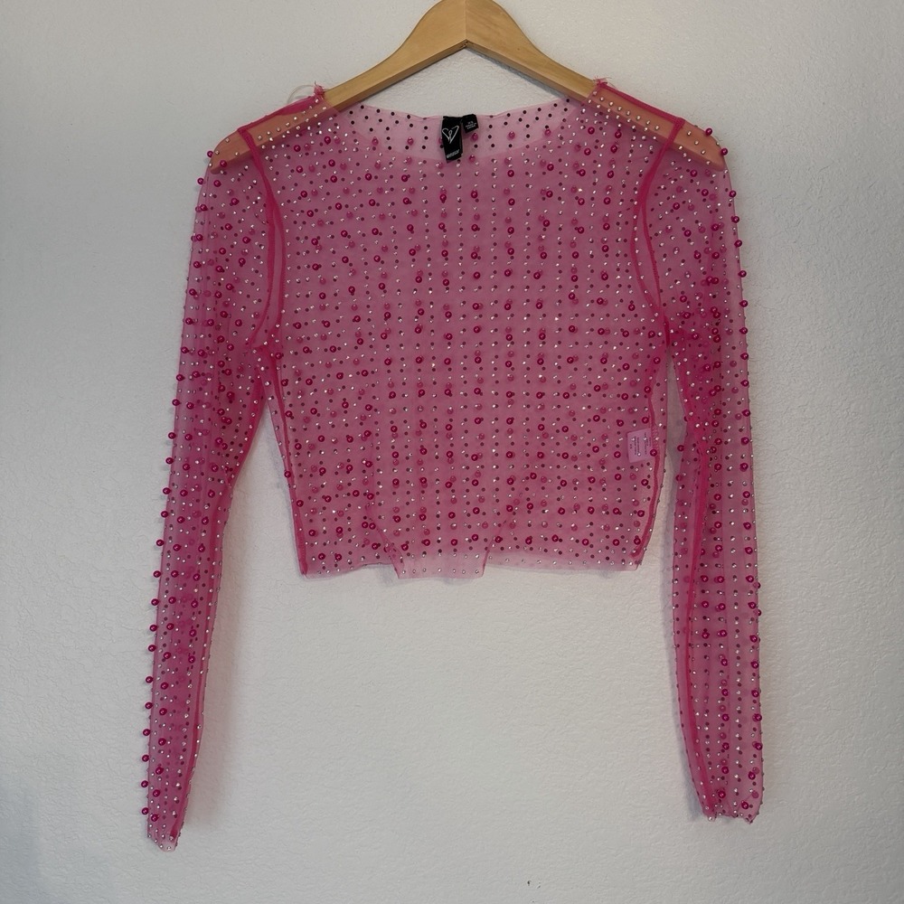 Windsor Pink Sheer Mesh Pearl Rhinestone Crop Top XS Long Sleeve Party Y2k